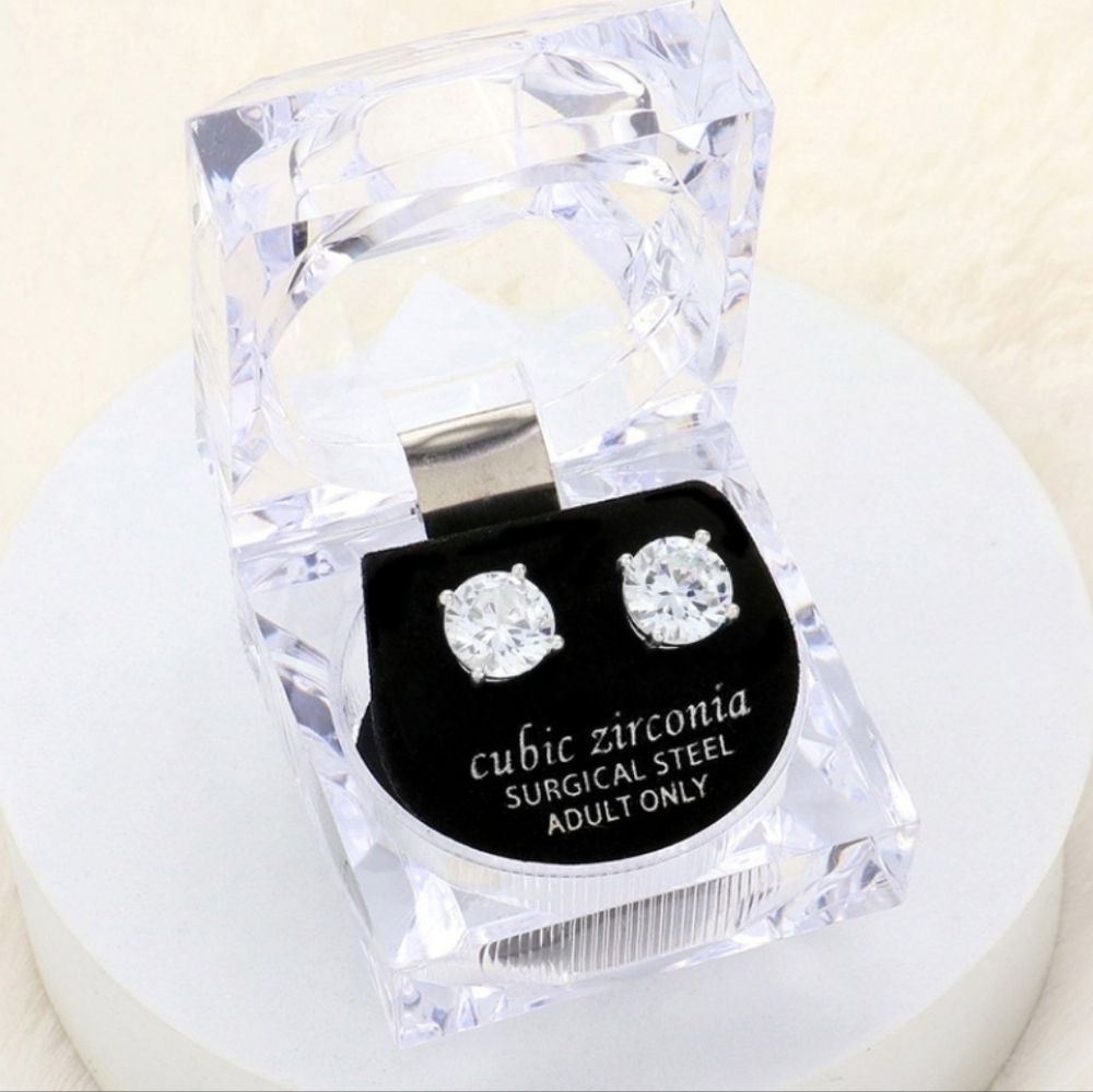 9mm Round Cut Crystal Cubic Zirconia CZ Stud Earrings with Clear Box